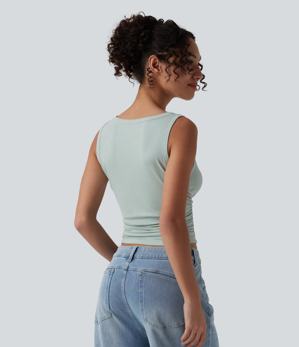 Ribbed Knit Round Neck Ruched Casual Tank Top — Silver Dust Blue — view 2