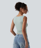 Ribbed Knit Round Neck Ruched Casual Tank Top — Silver Dust Blue — view 2