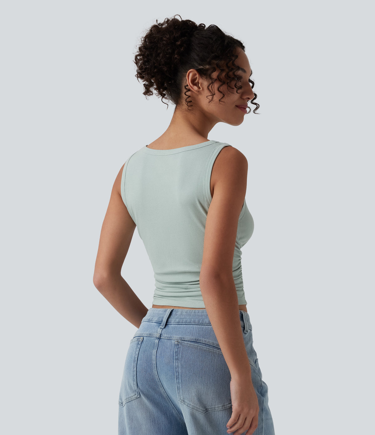Ribbed Knit Round Neck Ruched Casual Tank Top — Silver Dust Blue — view 2