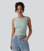 Ribbed Knit Round Neck Ruched Casual Tank Top — Silver Dust Blue — view 1