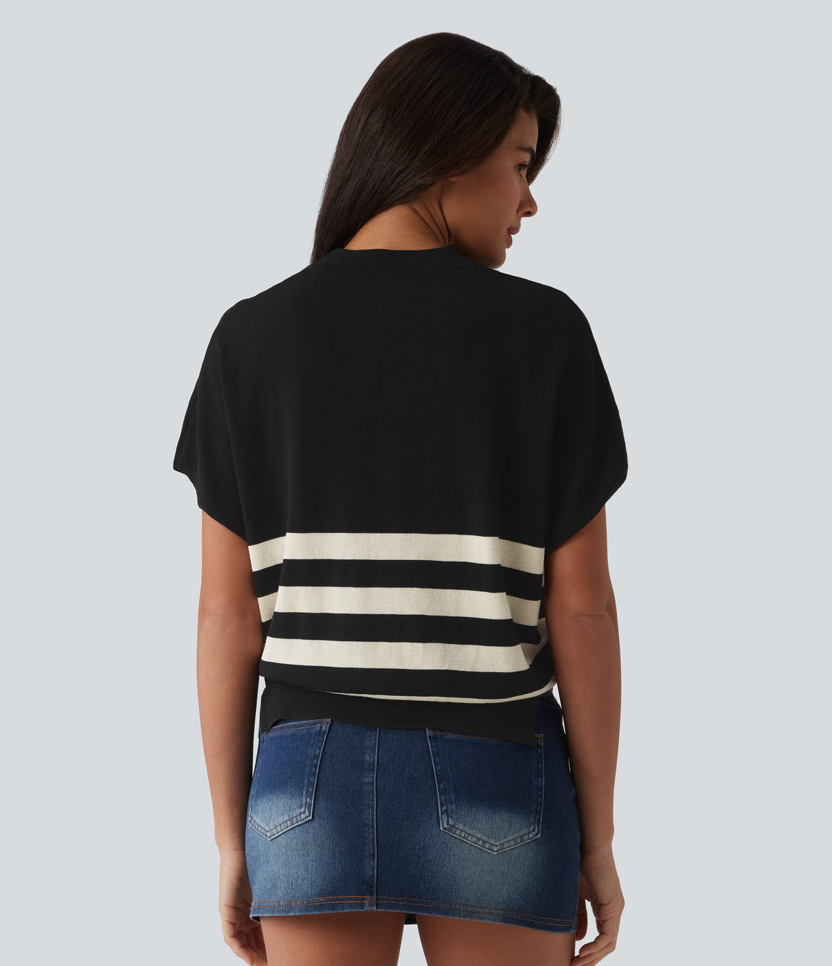 Round Neck Short Sleeve Stripe Casual Jumper — Midnight Sail Stripe — view 2