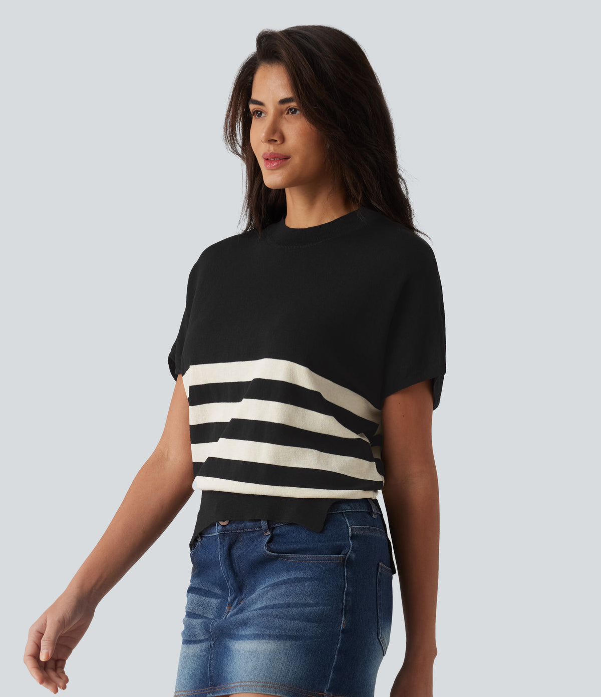 Round Neck Short Sleeve Stripe Casual Jumper — Midnight Sail Stripe — view 3