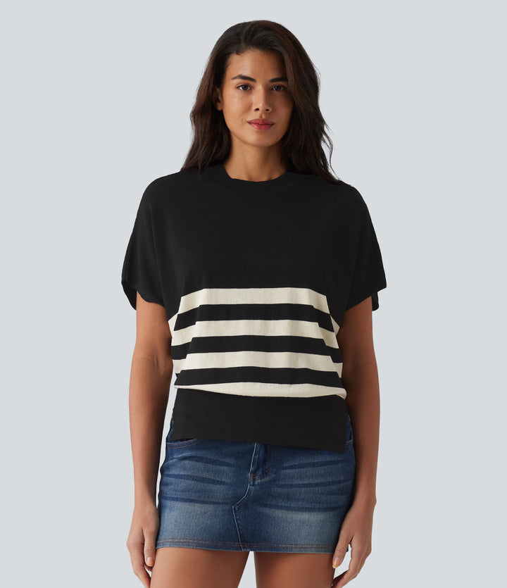 Round Neck Short Sleeve Stripe Casual Jumper — Midnight Sail Stripe — view 1