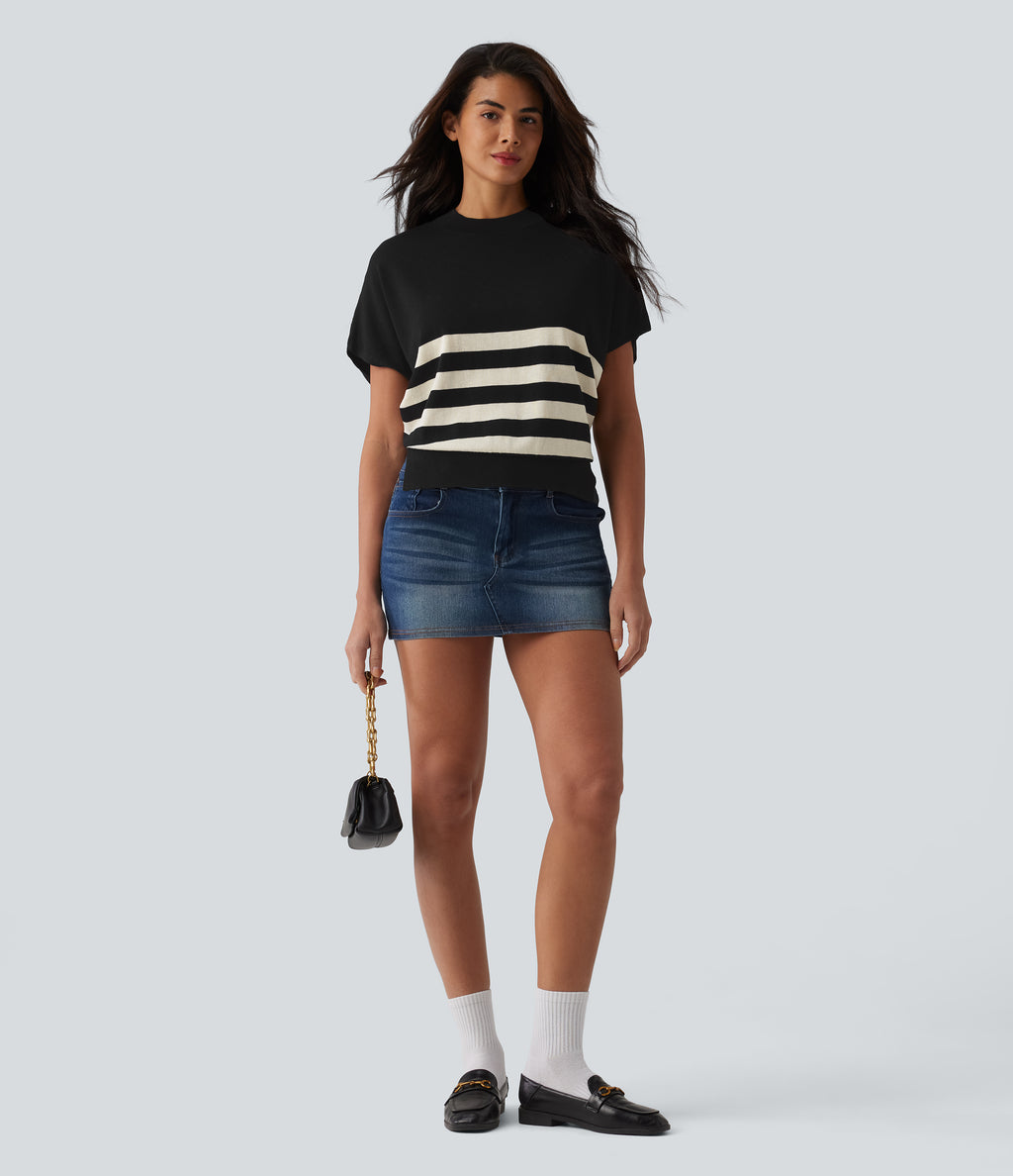 Round Neck Short Sleeve Stripe Casual Jumper — Midnight Sail Stripe — view 5