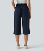 Mid Rise Crossover Wide Leg Capri Casual Trousers with Pockets — Black Iris — view 2