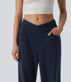Mid Rise Crossover Wide Leg Capri Casual Trousers with Pockets — Black Iris — view 4