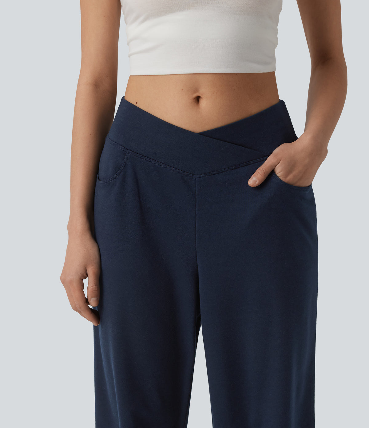 Mid Rise Crossover Wide Leg Capri Casual Trousers with Pockets — Black Iris — view 4