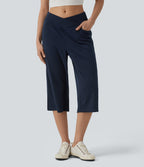 Mid Rise Crossover Wide Leg Capri Casual Trousers with Pockets — Black Iris — view 1