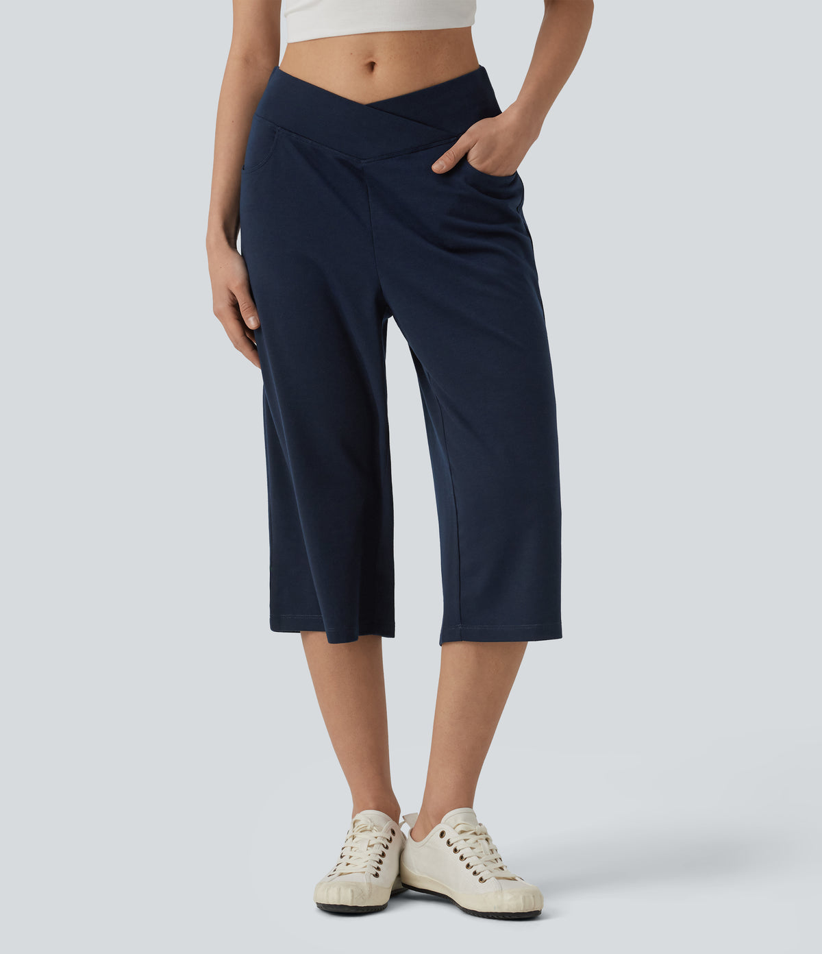 Mid Rise Crossover Wide Leg Capri Casual Trousers with Pockets — Black Iris — view 1
