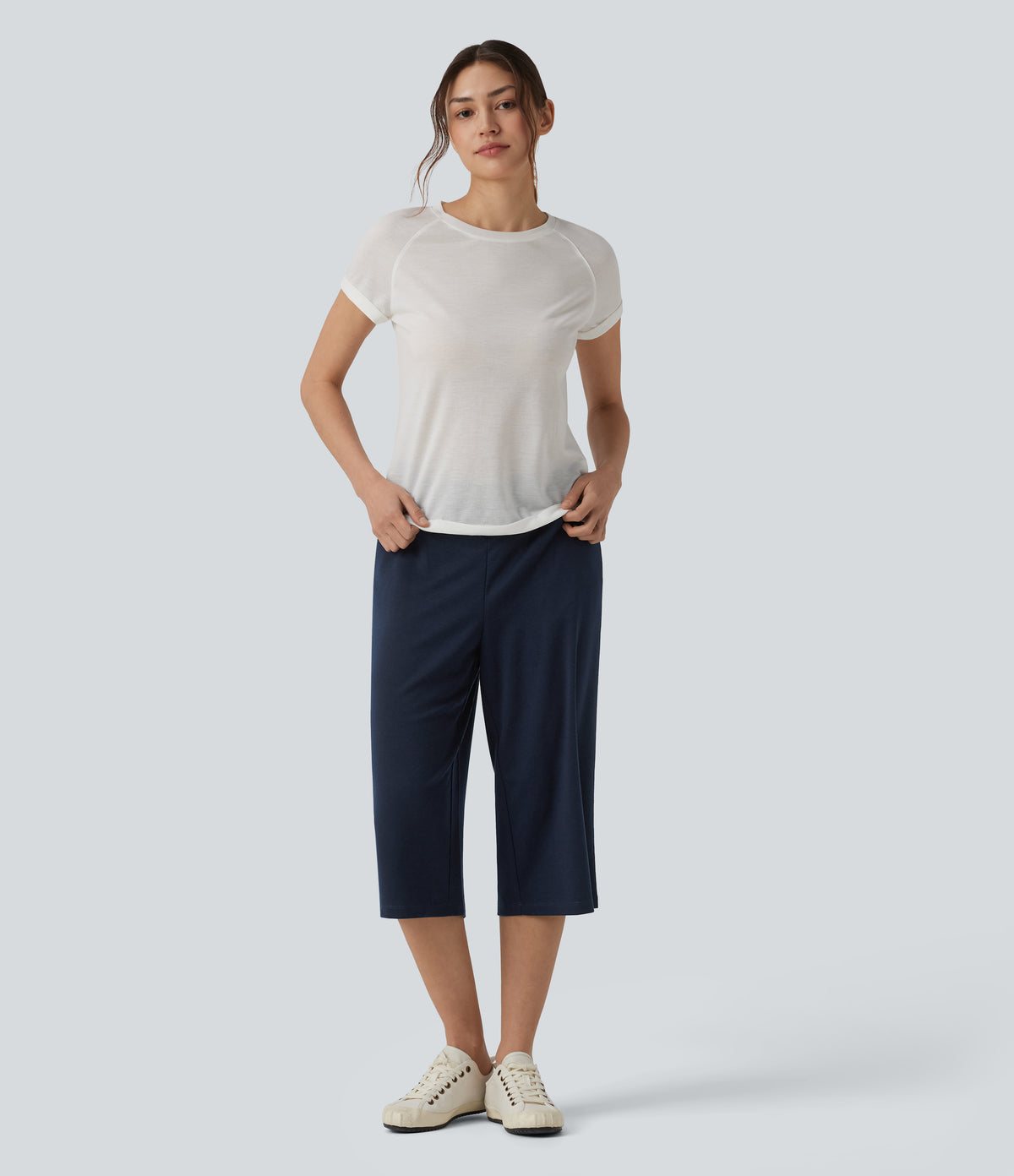 Mid Rise Crossover Wide Leg Capri Casual Trousers with Pockets — Black Iris — view 6