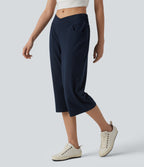 Mid Rise Crossover Wide Leg Capri Casual Trousers with Pockets — Black Iris — view 3
