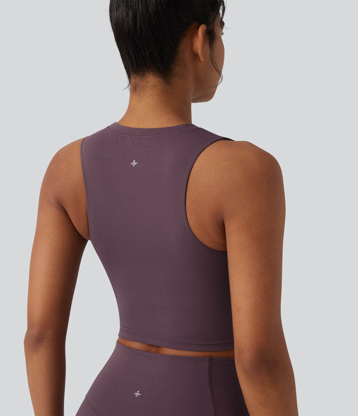 Round Neck Ripped Contrast Lace Cropped Yoga Tank Top — Dusky Evening purple — view 5