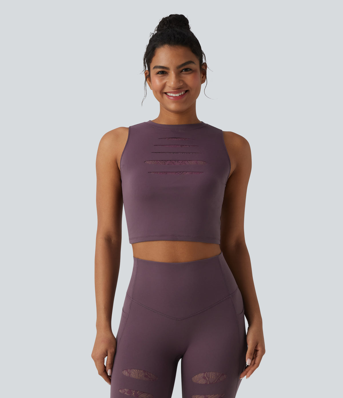 Round Neck Ripped Contrast Lace Cropped Yoga Tank Top — Dusky Evening purple — view 4