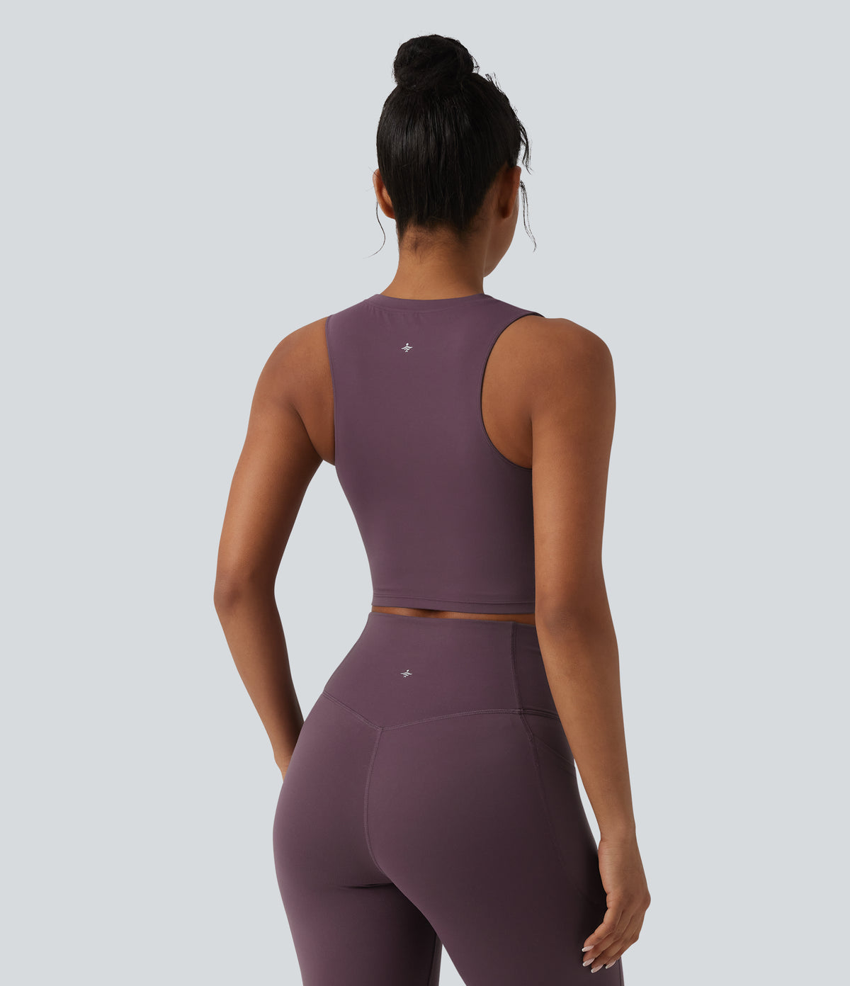 Round Neck Ripped Contrast Lace Cropped Yoga Tank Top — Dusky Evening purple — view 2