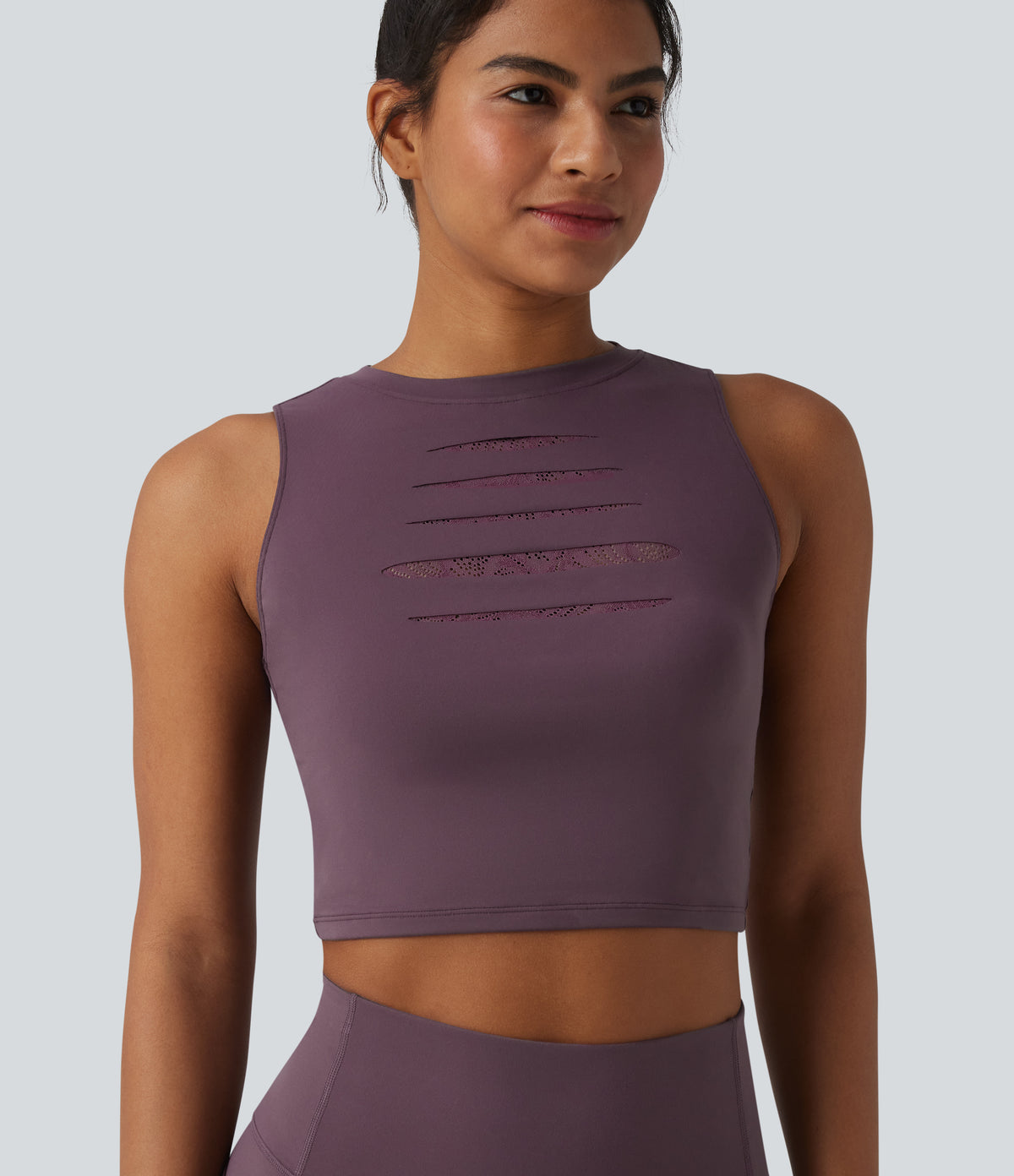 Round Neck Ripped Contrast Lace Cropped Yoga Tank Top — Dusky Evening purple — view 1