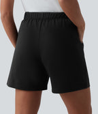 High Waisted Pleated Casual Baggy Sweat Shorts with Pockets — Black — view 5