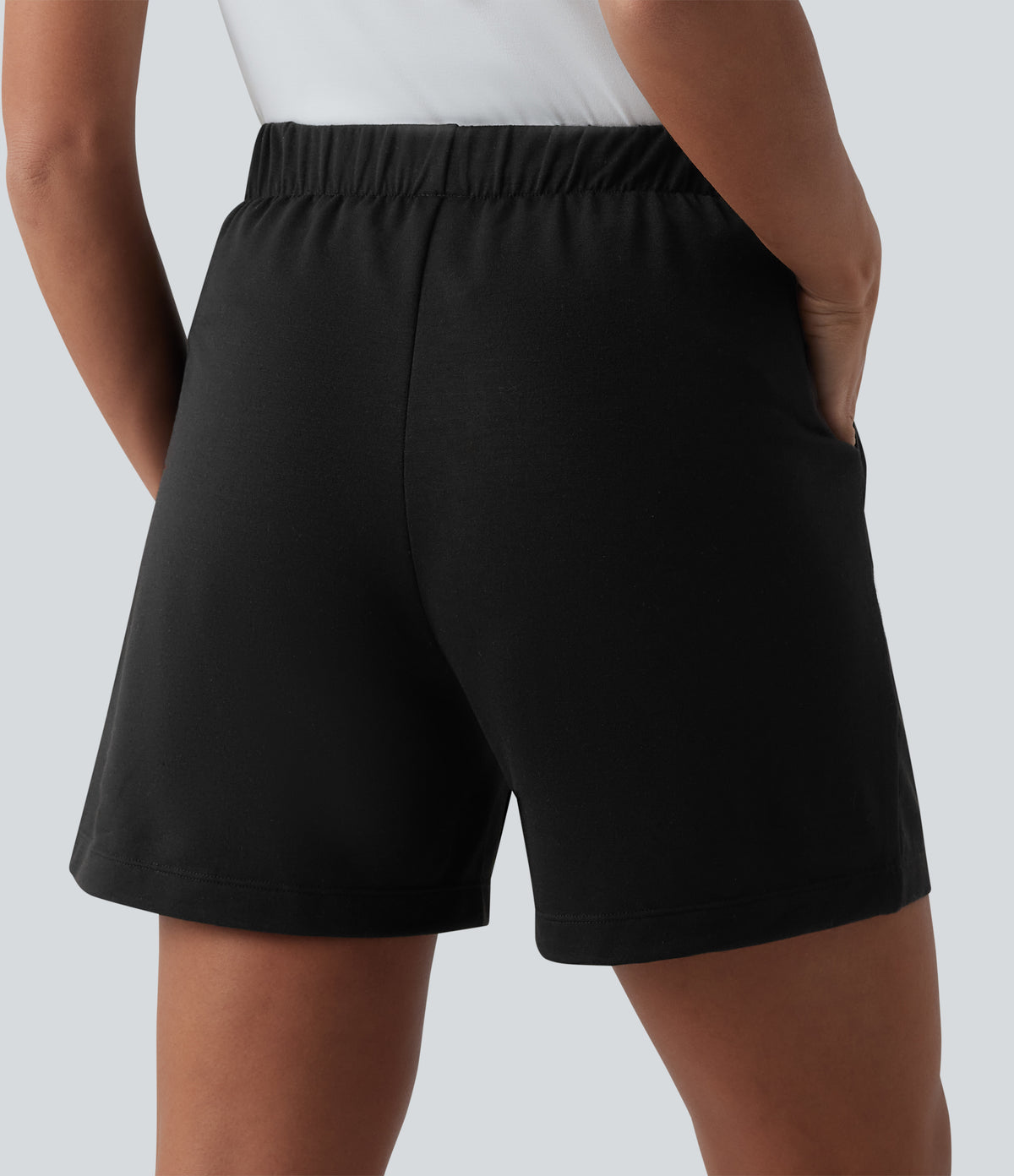 High Waisted Pleated Casual Baggy Sweat Shorts with Pockets — Black — view 5