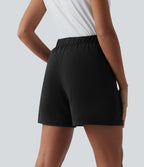 High Waisted Pleated Casual Baggy Sweat Shorts with Pockets — Black — view 2
