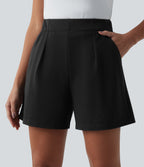 High Waisted Pleated Casual Baggy Sweat Shorts with Pockets — Black — view 4