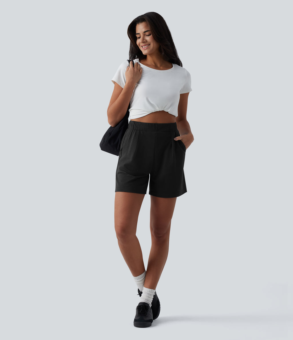 High Waisted Pleated Casual Baggy Sweat Shorts with Pockets — Black — view 6