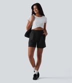 High Waisted Pleated Casual Baggy Sweat Shorts with Pockets — Black — view 6