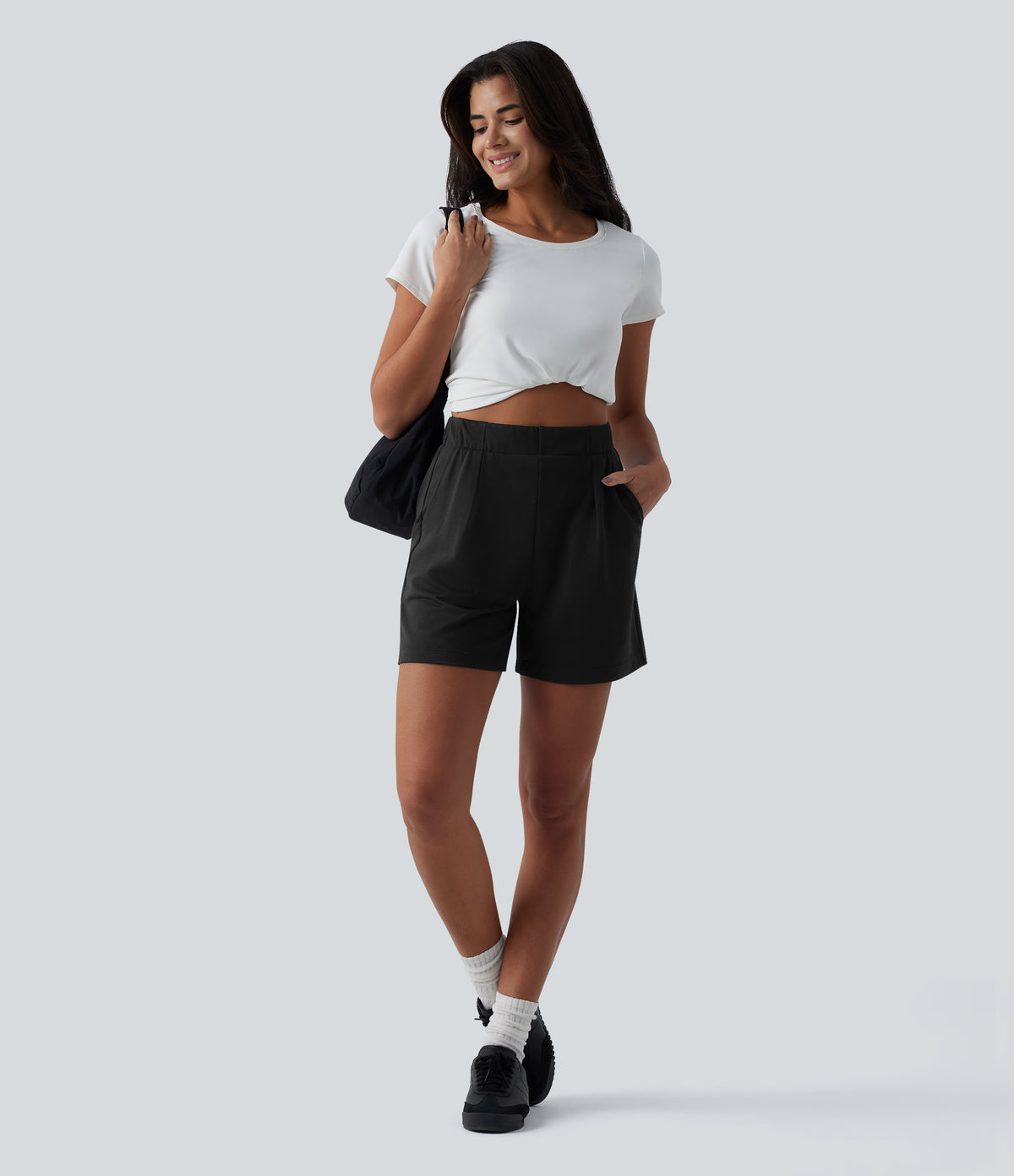 High Waisted Pleated Casual Baggy Sweat Shorts with Pockets — Black — view 6