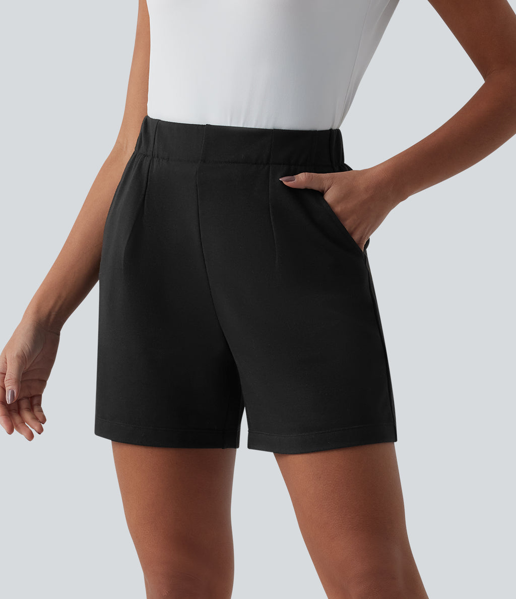 High Waisted Pleated Casual Baggy Sweat Shorts with Pockets — Black — view 3