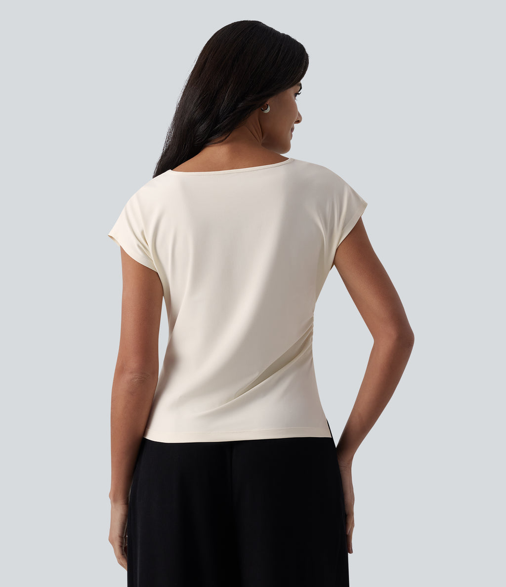 Asymmetric Cowl Neck Short Sleeve Ruched Split Hem Work Blouse — Whisper White — view 2