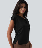 Asymmetric Cowl Neck Short Sleeve Ruched Split Hem Work Blouse — Black — view 6