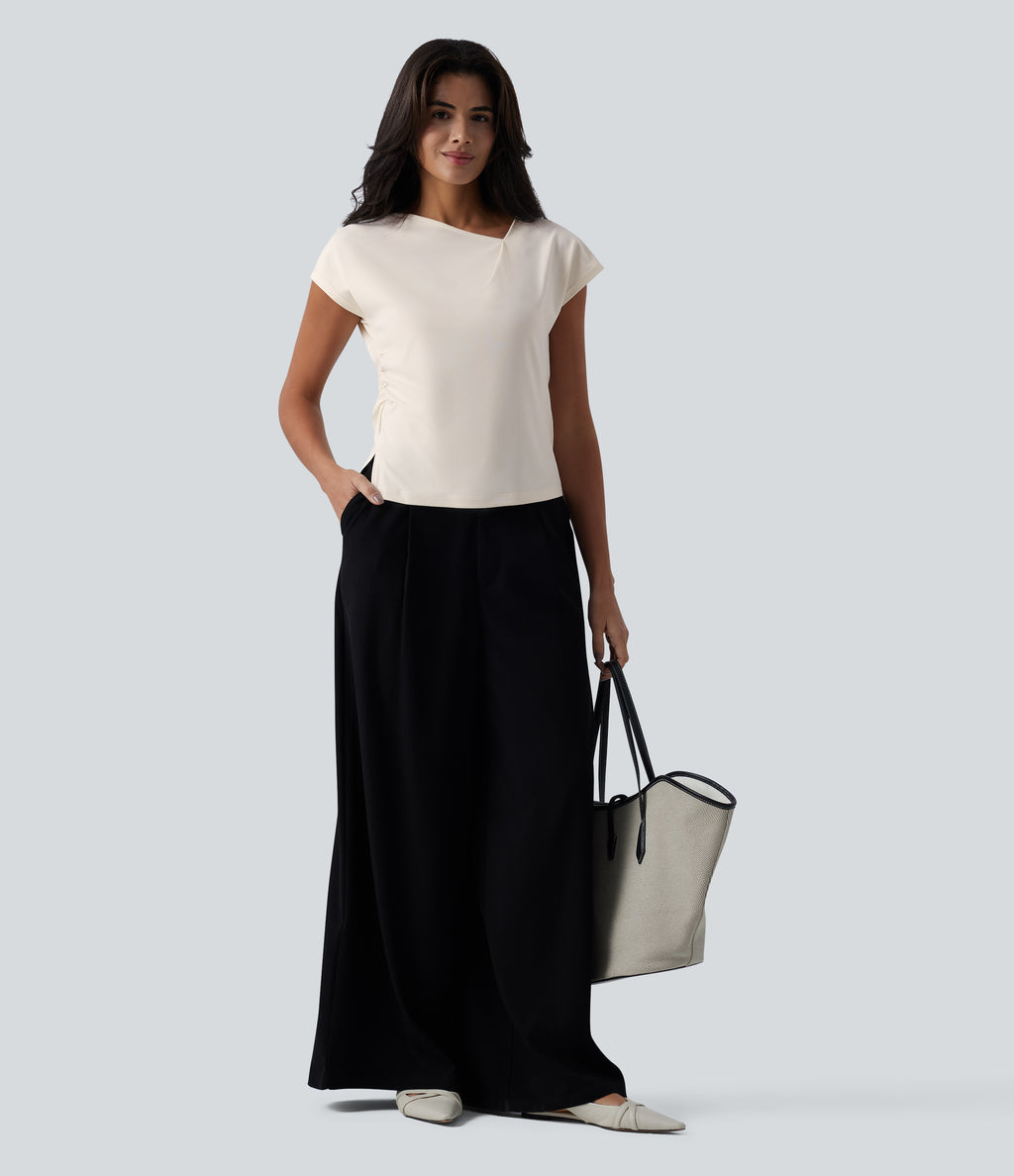 Asymmetric Cowl Neck Short Sleeve Ruched Split Hem Work Blouse — Whisper White — view 5
