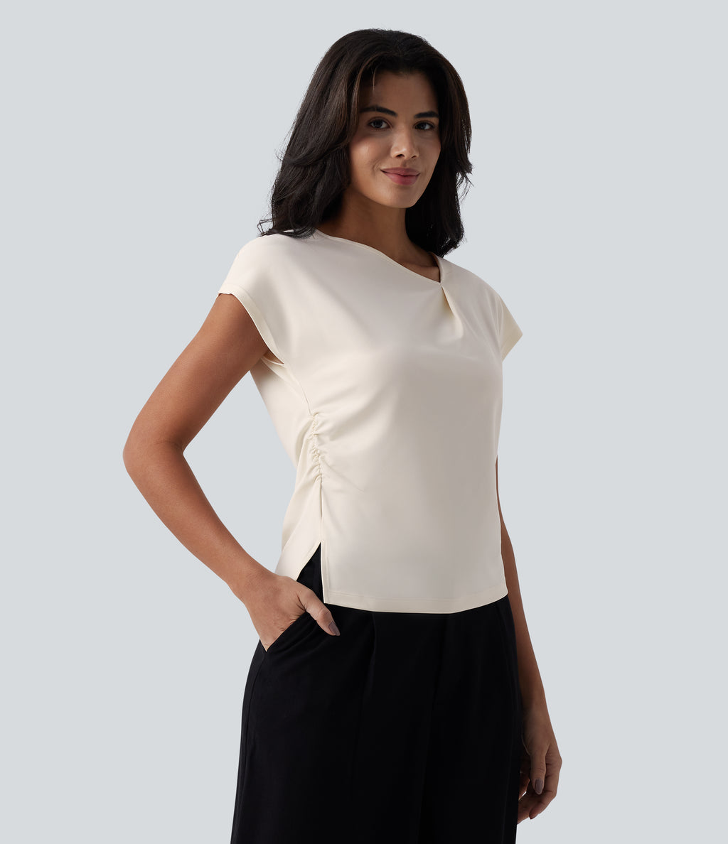 Asymmetric Cowl Neck Short Sleeve Ruched Split Hem Work Blouse — Whisper White — view 4