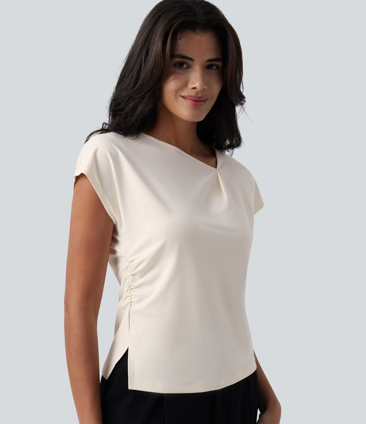 Asymmetric Cowl Neck Short Sleeve Ruched Split Hem Work Blouse — Whisper White — view 1