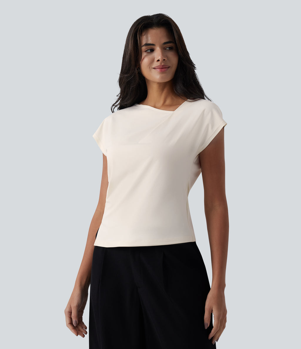 Asymmetric Cowl Neck Short Sleeve Ruched Split Hem Work Blouse — Whisper White — view 3