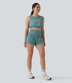Round Neck Drawstring Hem Breathable Mesh Cropped Yoga Tank Top — Mineral Blue — view 6