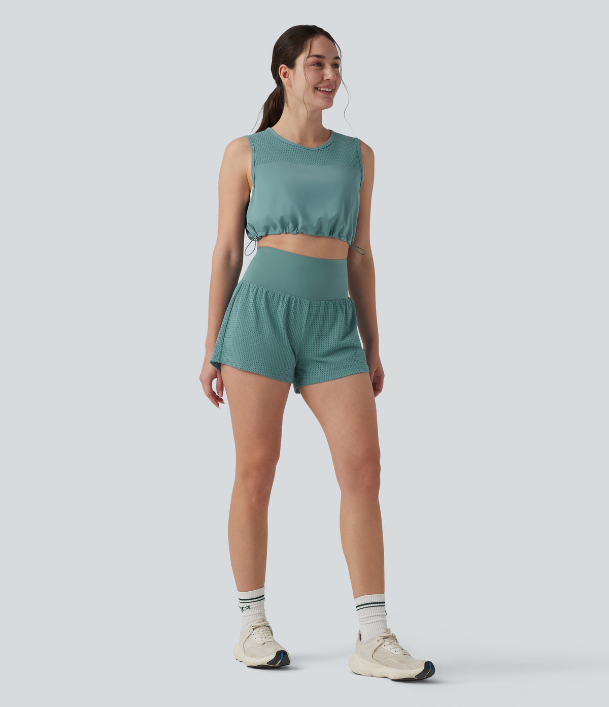 Round Neck Drawstring Hem Breathable Mesh Cropped Yoga Tank Top — Mineral Blue — view 6
