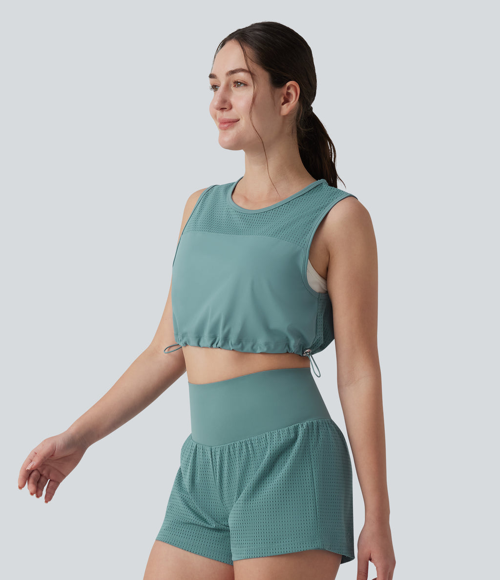 Round Neck Drawstring Hem Breathable Mesh Cropped Yoga Tank Top — Mineral Blue — view 4