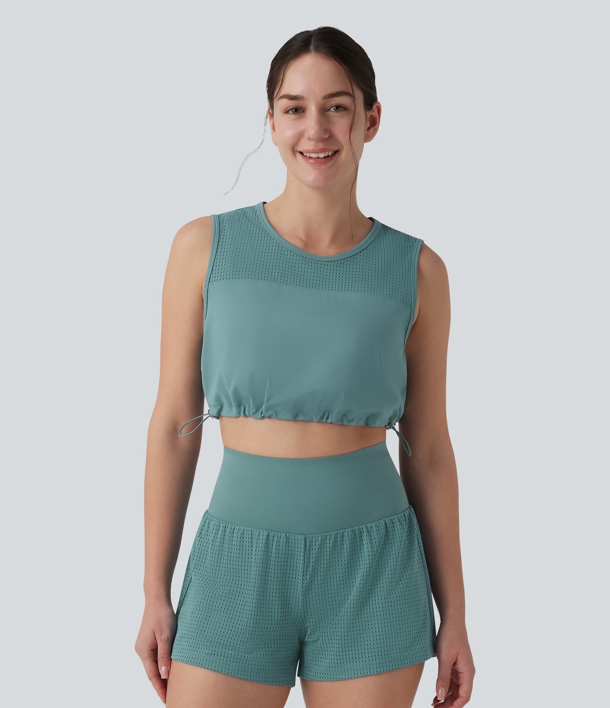 Round Neck Drawstring Hem Breathable Mesh Cropped Yoga Tank Top — Mineral Blue — view 3