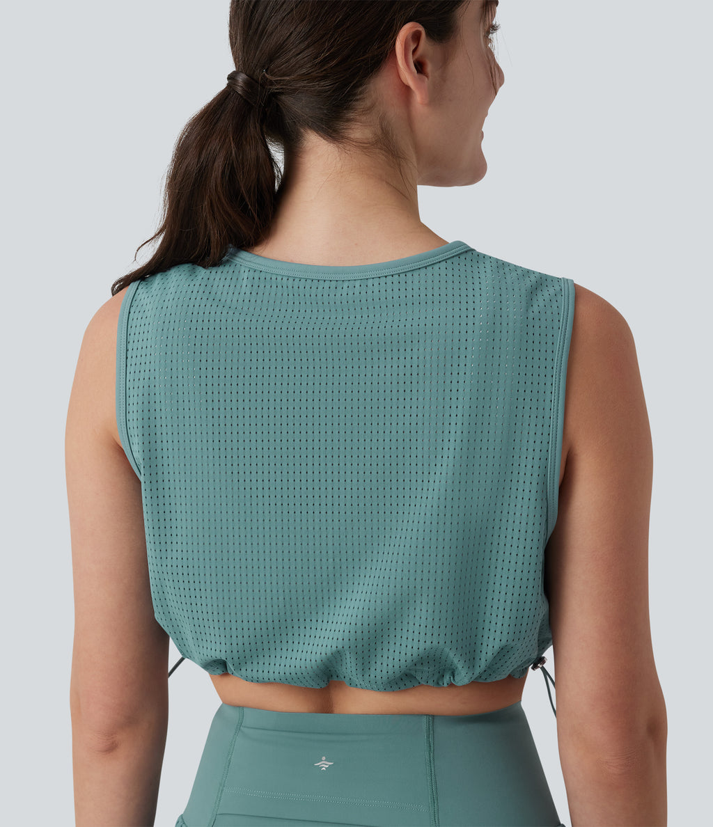 Round Neck Drawstring Hem Breathable Mesh Cropped Yoga Tank Top — Mineral Blue — view 5