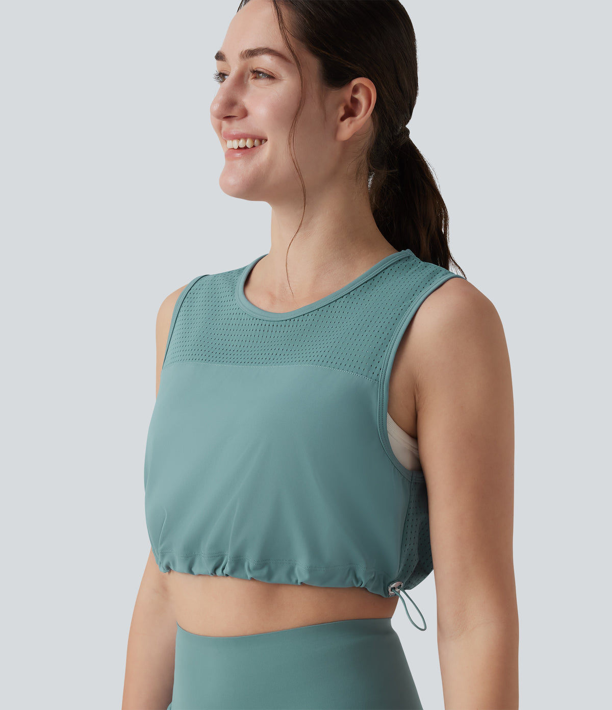 Round Neck Drawstring Hem Breathable Mesh Cropped Yoga Tank Top — Mineral Blue — view 1