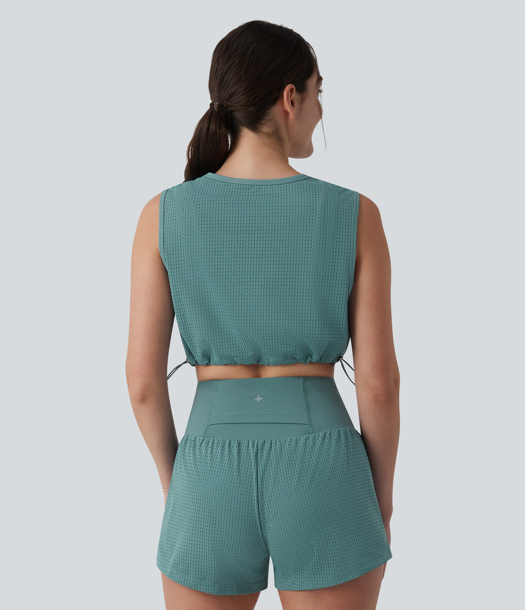 Round Neck Drawstring Hem Breathable Mesh Cropped Yoga Tank Top — Mineral Blue — view 2