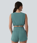 Round Neck Drawstring Hem Breathable Mesh Cropped Yoga Tank Top — Mineral Blue — view 2