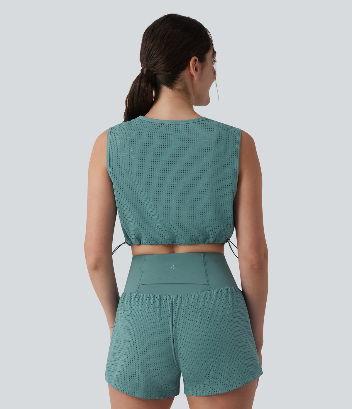 Round Neck Drawstring Hem Breathable Mesh Cropped Yoga Tank Top — Mineral Blue — view 2
