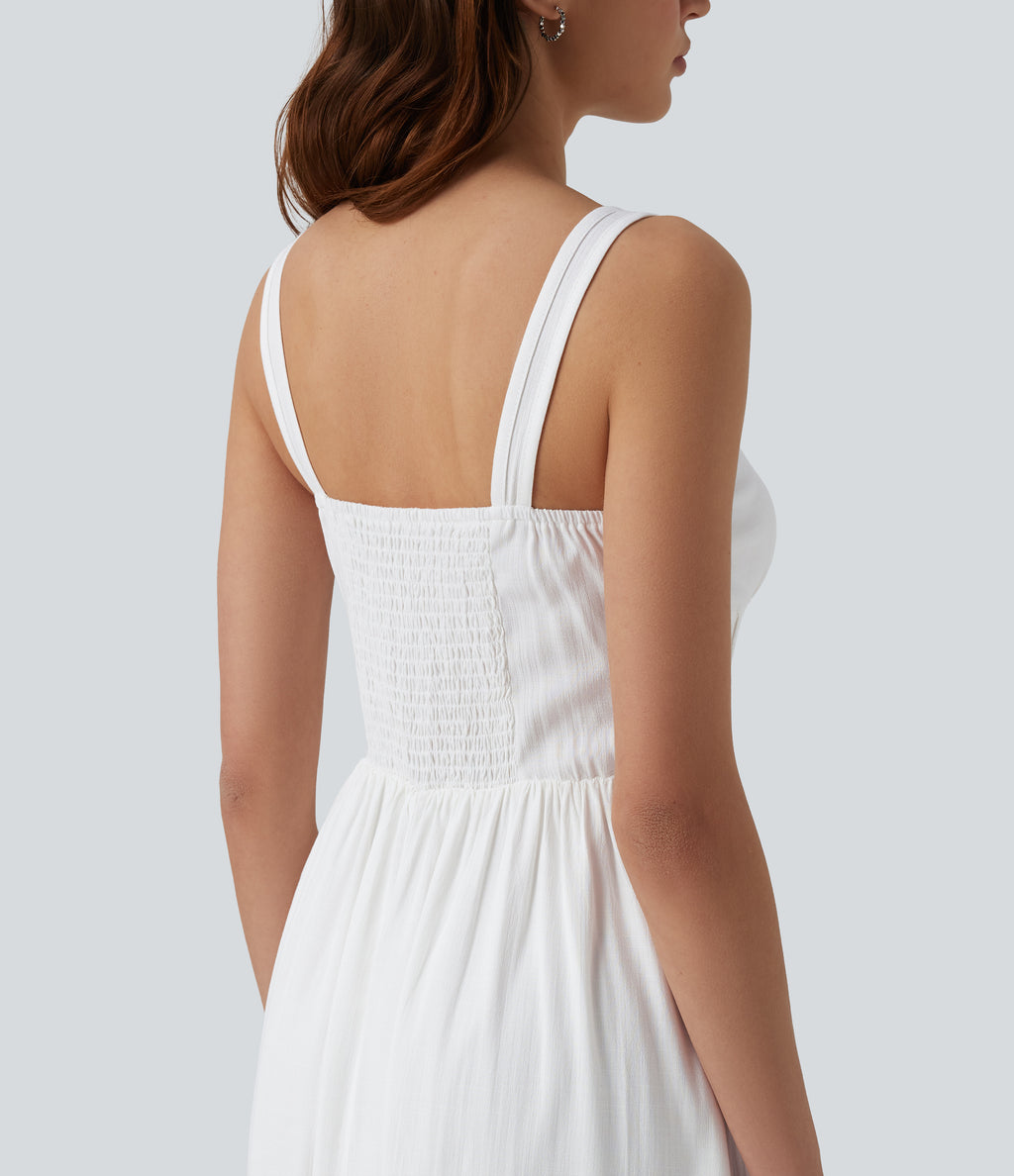 U Neck Tie Front Corset Midi Casual Linen-Feel Dress — White — view 5