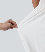 U Neck Tie Front Corset Midi Casual Linen-Feel Dress — White — view 6