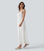 U Neck Tie Front Corset Midi Casual Linen-Feel Dress — White — view 3
