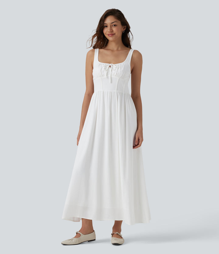 U Neck Tie Front Corset Midi Casual Linen-Feel Dress — White — view 1