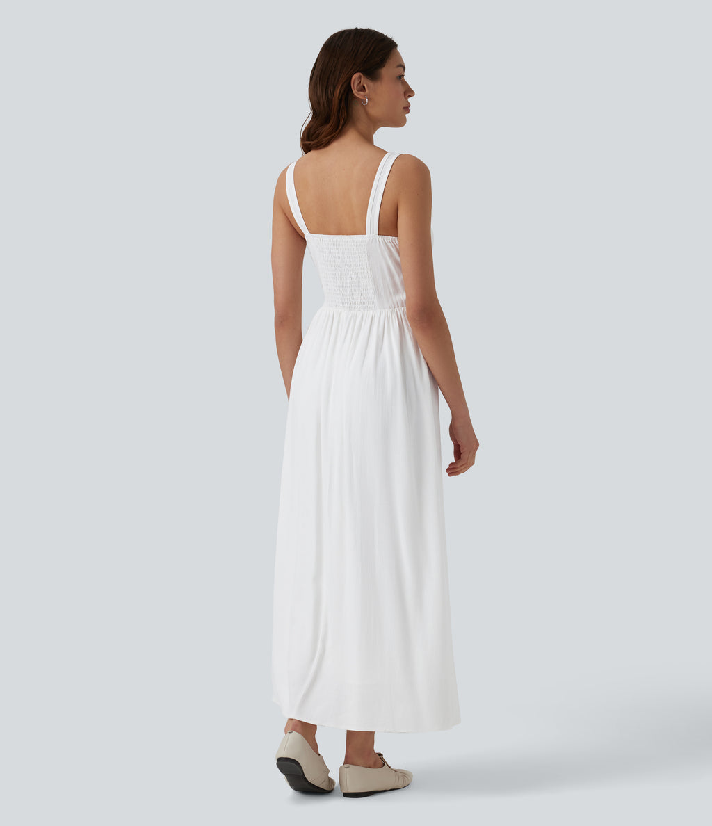 U Neck Tie Front Corset Midi Casual Linen-Feel Dress — White — view 2