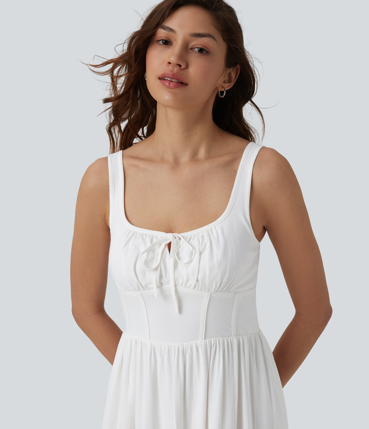 U Neck Tie Front Corset Midi Casual Linen-Feel Dress — White — view 4