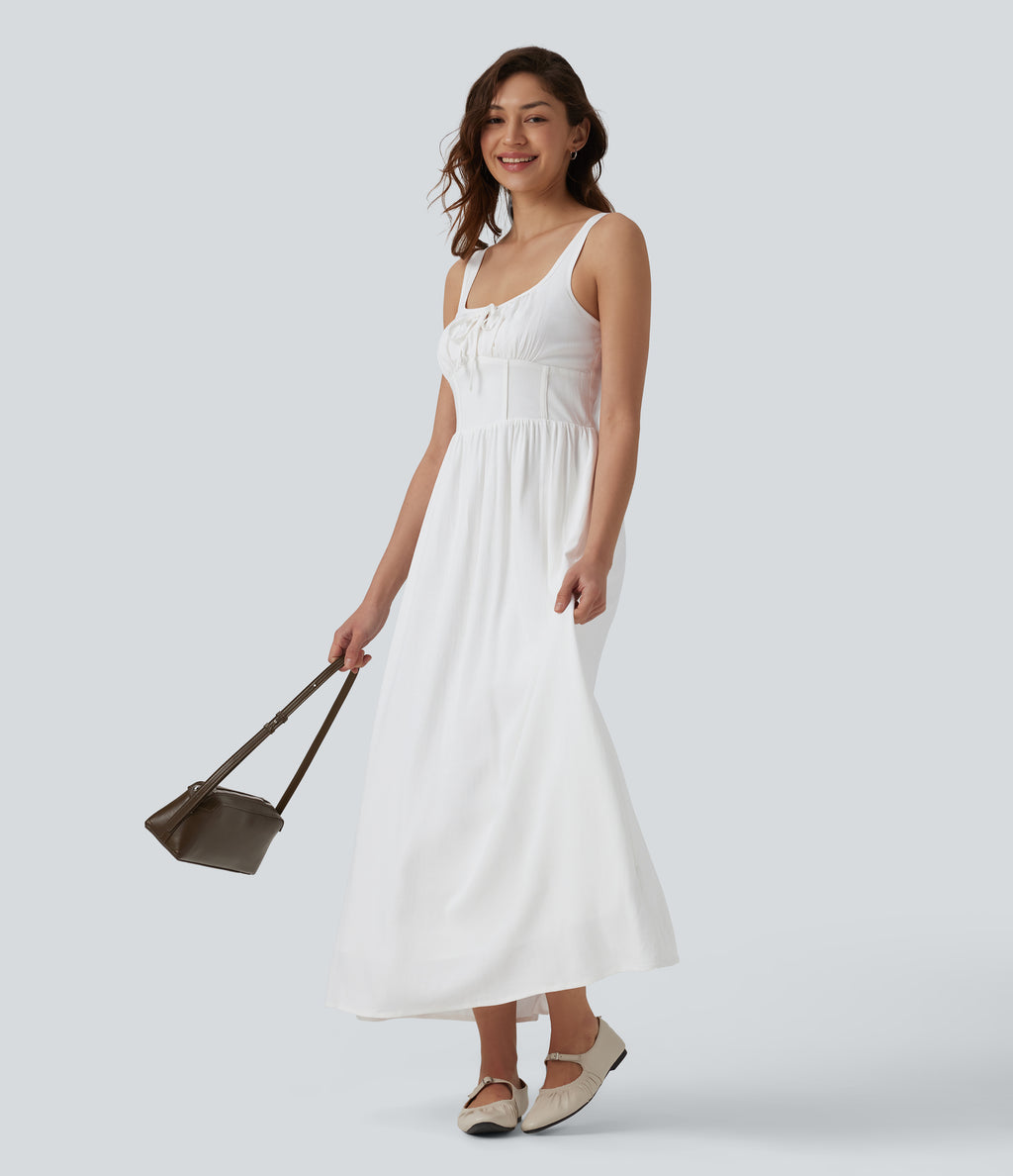 U Neck Tie Front Corset Midi Casual Linen-Feel Dress — White — view 7