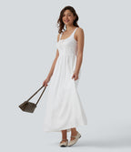 U Neck Tie Front Corset Midi Casual Linen-Feel Dress — White — view 7